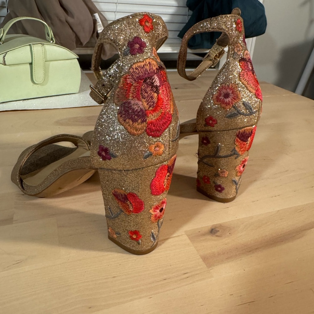I.N.C. Embroidered Floral Rose Gold Glitter Chunky Heels